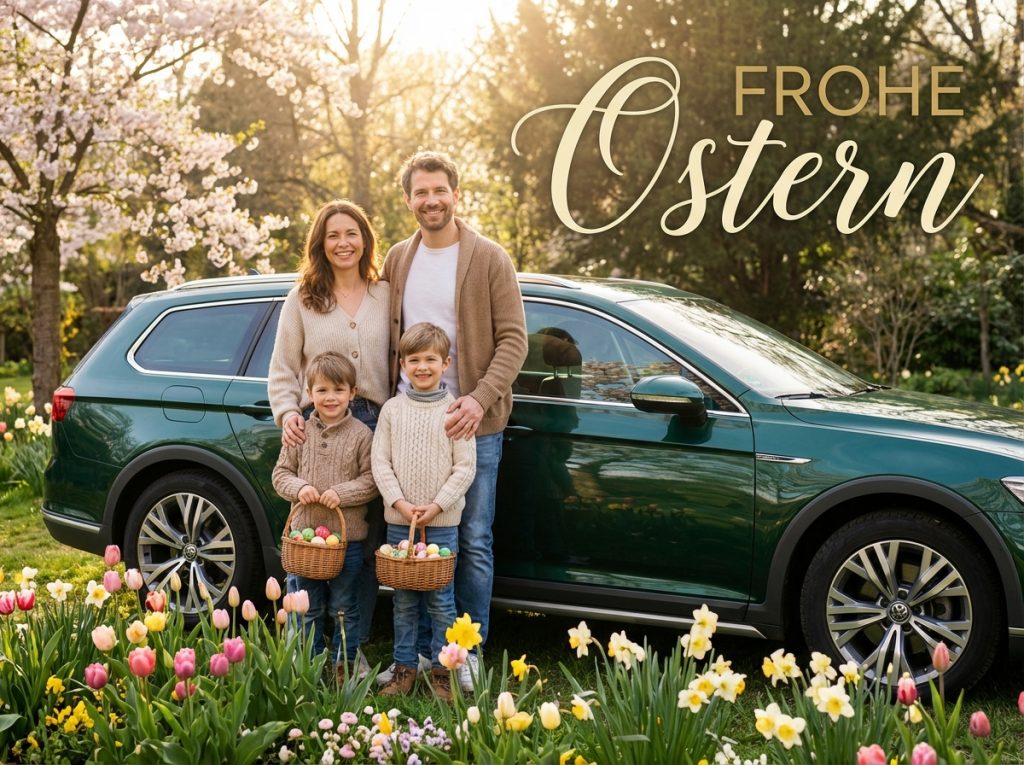 Glückliche Familie mit Kindern und frisch glänzendem Auto im Frühlingsgarten zu Ostern 2026 bei Wolfgang Bars